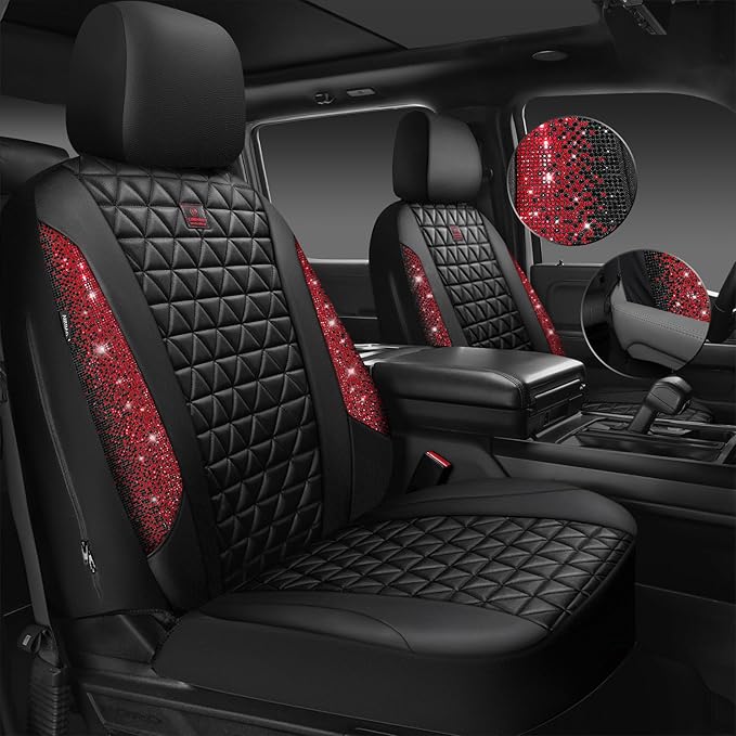 CAR PASS Bling Diamond Black Red Leather Car Seat Covers Full Set, Waterproof Shining Glitter Sparkly Crystal Universal Armrest Fit Automotive Truck SUV Women Girl, Rhinestone Interior Cover Set, Red