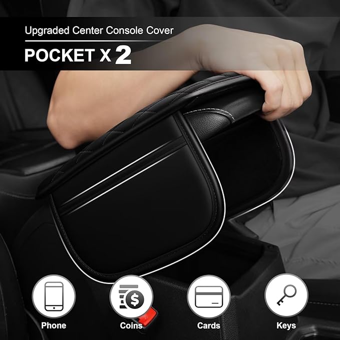 Upgraded Car Center Console Cover Fit for Corolla Faux Leather Car Armrest Cover Cushion with 2 Storage Bags,Car Armrest Storage Box Interior Accessories(Black)