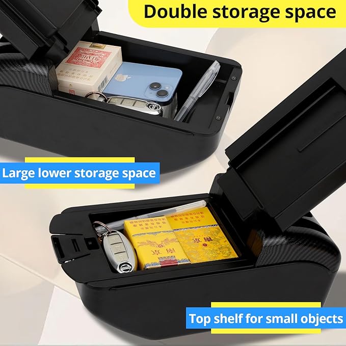 AULPHIKE Compatible with Ford Fiesta Armrest 3 2011-2018 Car Center Console Organizer Armrests Double Layer Storage with USB Ports（Black Style）