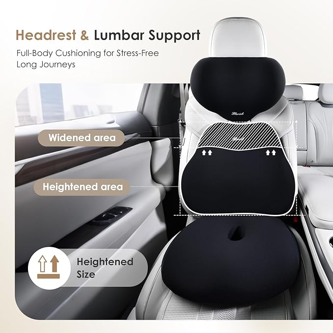FLORICH Car Seat Cushion & Lumbar Support Pillow & Car Neck Pillow, Ergonomic Memory Foam Driving Seat Cushions for Back & Sciatica Pain Relief, Non-Slip Cushion for Car, Office Chair,Wheelchair-Black