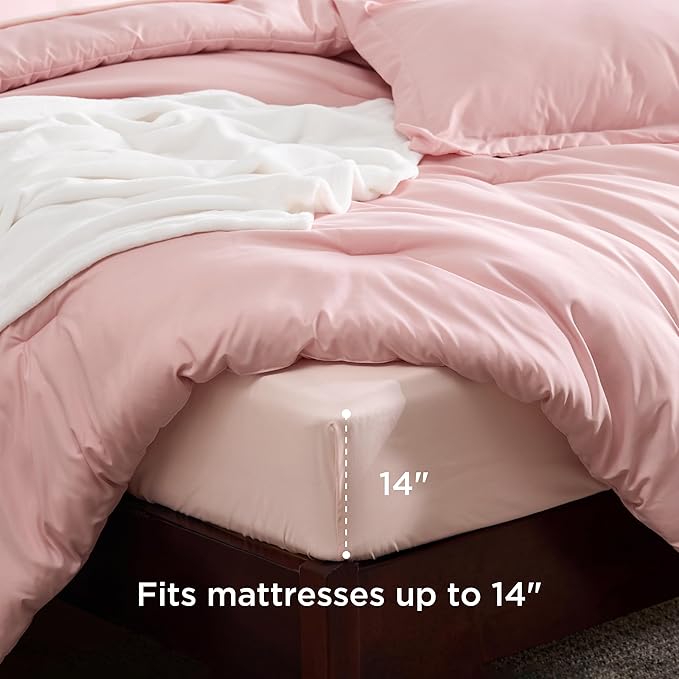 Bedsure Full Comforter Set Pink, 8 Pieces Prewashed Full Size Bed in a Bag with Soft Fleece Bed Blanket, Down Alternative Bedding Set for All Seasons, Sheets, Pillowcases & Shams