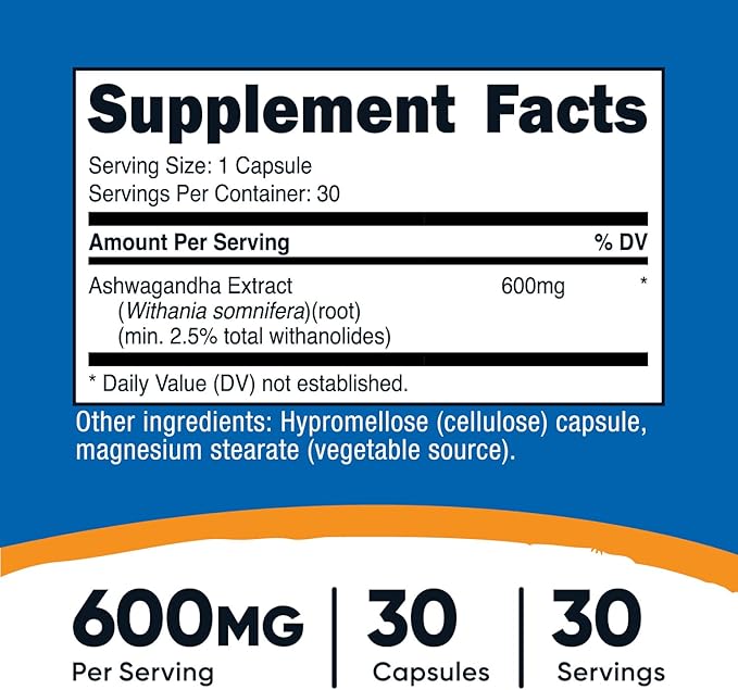 Nutricost Ashwagandha Root Extract Herbal Supplement 600mg, 30 Capsules - Vegetarian, GMO-Free, Gluten Free