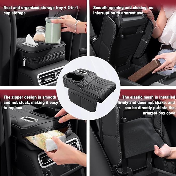 Car Armrest Storage Box for Cadillac SRX 2004–2016 2013 2014 2015, Sport-Style Center Console Organizer with Side Pocket, PU Leather Armrest Cushion, Elbow Support Pad,A Black