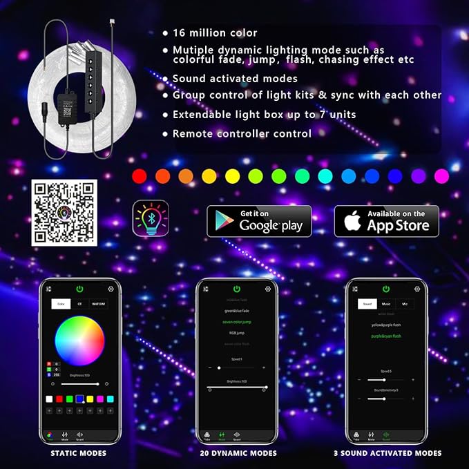 AKEPO 3.2W 6-Hole RGB Colorful Starlight Headliner Kit, APP Control 9.8ft 240pcs*0.75mm/0.03in Optical Fiber Mixed Color Chasing Sound Activated Fiber Optic Lights