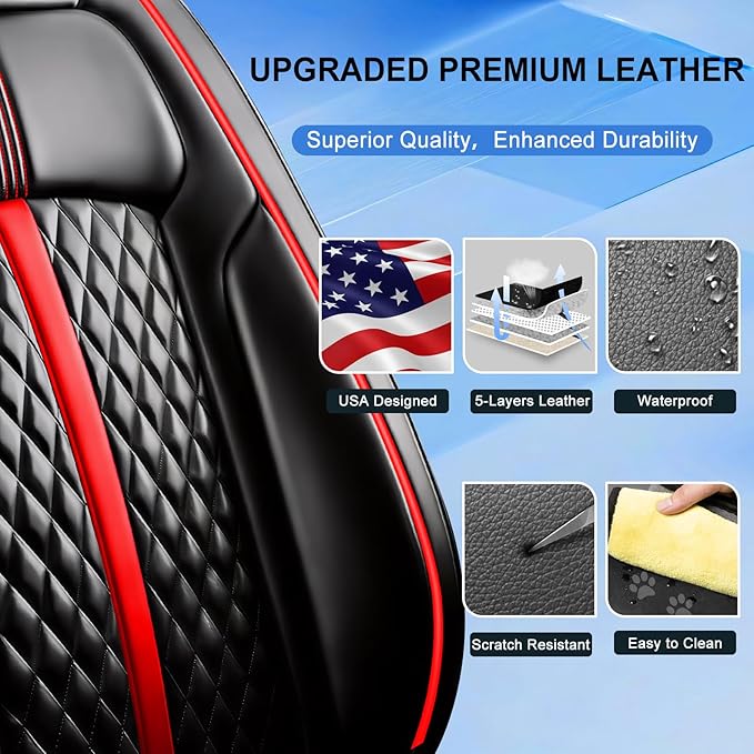 Fit Ridgeline Car Seat Covers (Front Pair) for Select Honda Ridgeline 2007-2026 - Premium Full Coverage Leather, Waterproof & All Weather Seat Cushion Protector, Black with Red Trim