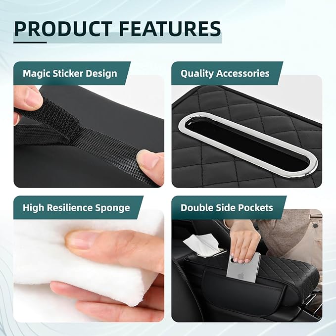 Upgrade Car Center Console Armrest Pad for Toyota RAV4 2026-2012 Models, Comfortable Memory Foam Cushion Cover with Tissue Box & Side Storage Bag, Premium PU Leather 3-in-1 Car Armrest Cover(Black)