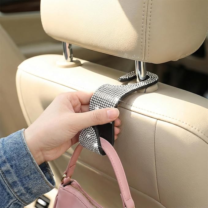 4PCS Bling Car Seat Headrest Hooks, Crystal Rhinestone Vehicle Back Seat Hanger Holder, Auto Interior Headrest Hanging Storage Organizer for Purse Handbag Coat, Universal Fit (AB Color)