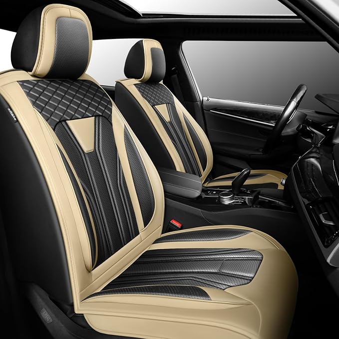 Fit Rogue Car Seat Covers Compatible with Nissan Rogue 2011-2025 2026 - Premium Leather， Waterproof Breathable， All-Weather Seat Cushion Protecto&Airbag Compatible (2 Front Seat Beige&Black)