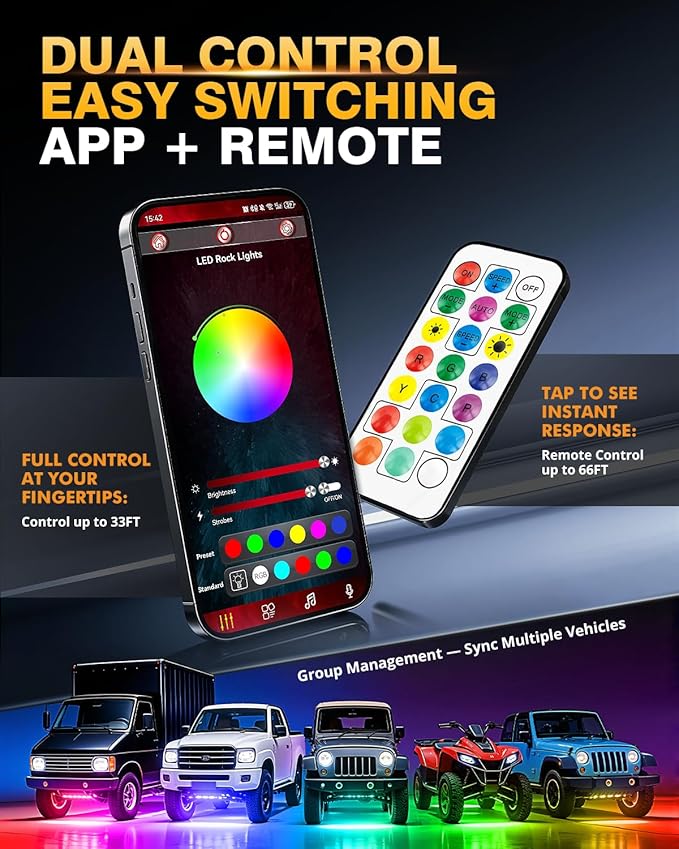 Auxbeam 4-Pod RGB LED Rock Lights with Brake Mode 213° Dual-Side Lighting Dynamic Color Changing Underglow Kit w/Bluetooth APP+Remote Control Music Voice Sync Waterproof for Truck ATV 1 Year Warranty