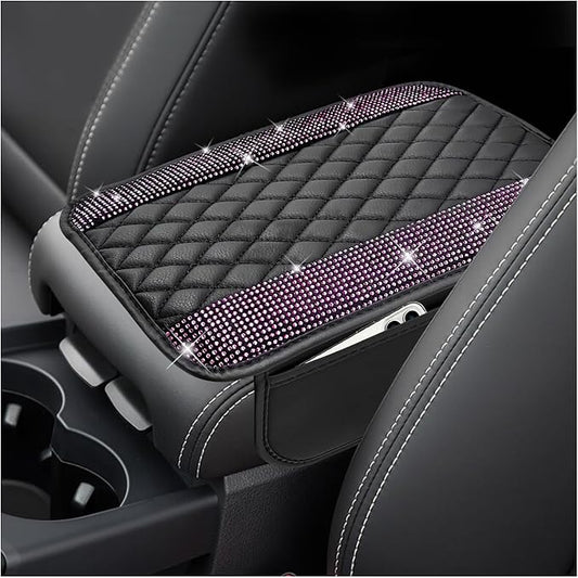 Sun Walker Bling Car Center Console Cover, Anti-Scratch Car Armrest Seat Box Cushion Pad with 2 Storage Bags, Leather Middle Console Protector Crystal Interior Accessories for Most Cars (Pink)