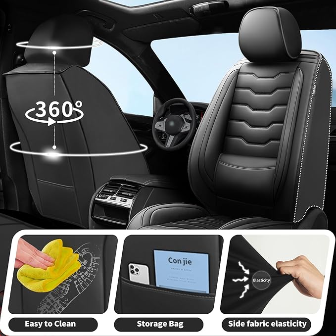 Fit Juke Car Seat Covers Compatible with Nissan Juke 2012-2015 2016 - Premium Leather， Waterproof Breathable， All-Weather Seat Cushion Protecto&Airbag Compatible (2 Front Seat Black)