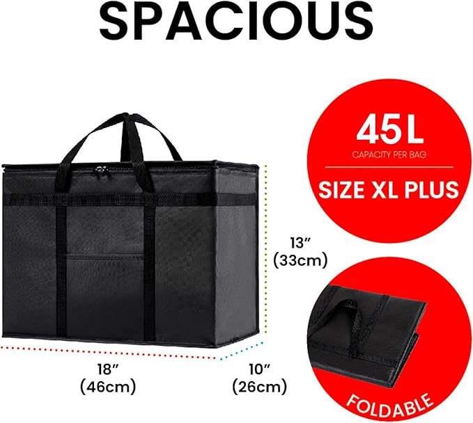 Insulated Bags for Food Delivery (XL Plus) Grocery Shopping Cooler Bag, Pizza Delivery, Hot & Cold Catering Tote, Reusable, Foldable & Heavy Duty (2 Pack, Green)