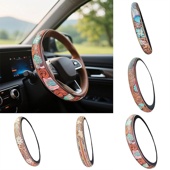 Retro Western Cowboy Car Universal Steering Wheel Cover, Embossed Handcrafted Tooled Leather Western,Anti Slip, Auto Interiors Accessories,Breathable for Trucks SUVs Cars (D)