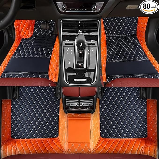 TREGOO All Weather Car Mats Custom Fit Non Slip Floor Mats for 1998-2025 Cars Personalized Leather Protection Pads Suitable for Men Women (Edge Orange Medium Black Beige)