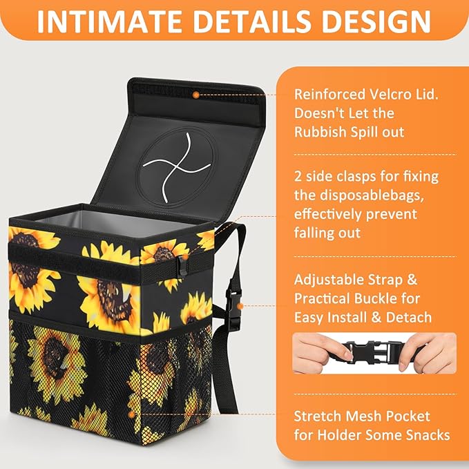 Vankor Car Trash Can for Car Cute,Bag Bin Hanging Waterproof Automotive Garbage Cans Leak Proof Vehicle Trash Can Sunflower