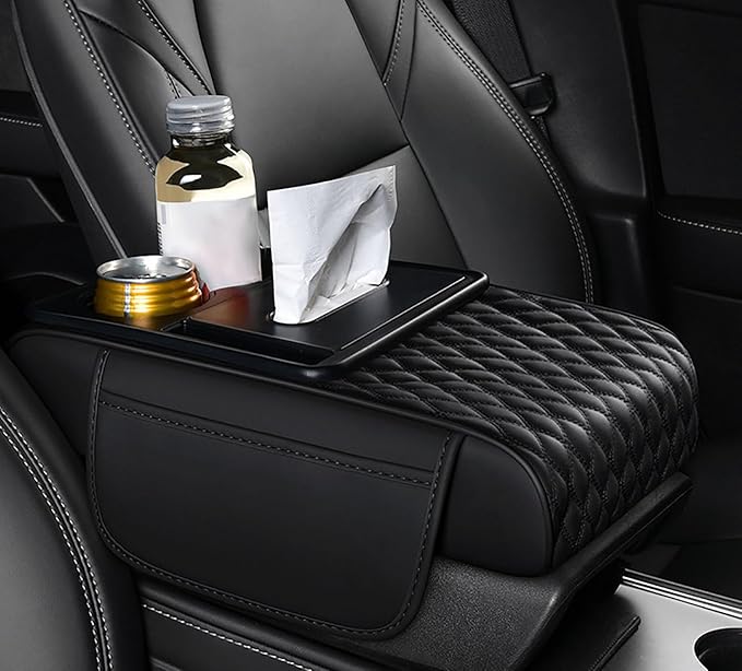 Car Armrest Center Console Cover for Cadillac Escalade 1999–2025, Center Console Pad with Cup Holder, Multifunctional Armrest Cushion,B Black