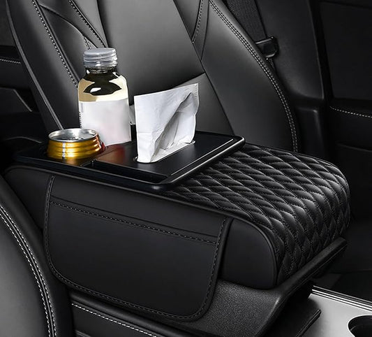 Car Armrest Center Console Cover for Cadillac Escalade 1999–2025, Center Console Pad with Cup Holder, Multifunctional Armrest Cushion,B Black