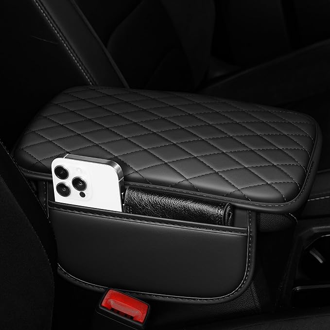 Center Console Cover Fit for Kia Soul 2010-2025 with 2 Storage Bags Waterproof Leather Quilted Pattern Car Armrest Cover Cushion Anti - Slip(Black)