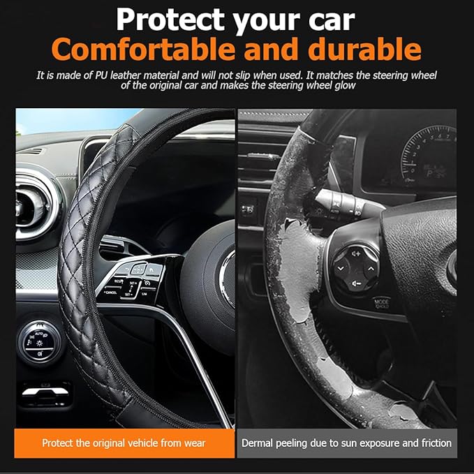 Car Steering Wheel Cover, 14.96" Leather Anti-Slip Vehicle Steering Wheel Protector with Fish Scale Graphic Grip, Automobile Interior Protection, Universal for Sedan Truck SUV (Black)