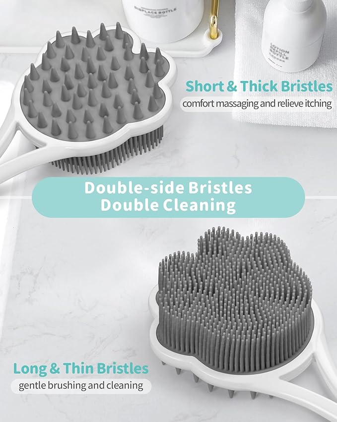 Manmihealth 15.7" Cute Silicone Back Scrubber with Long-Handle, Dual Use Back Brush for Shower with Super-Soft Silicone Bristles, Paw-Shaped Shower Body Scrubber for Sensitive Skin (Gray)