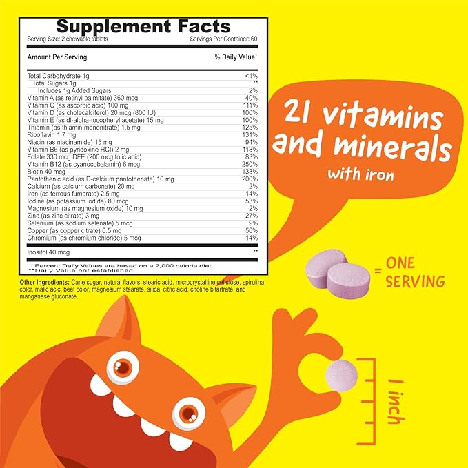 Kids Multivitamin with Iron & Minerals Chewable Tablets - Mixed Fruit Flavor - Vegetarian, GMO-Free, Nut Free - Dietary Supplement - Digestive Support for Children - 120 Chewables",