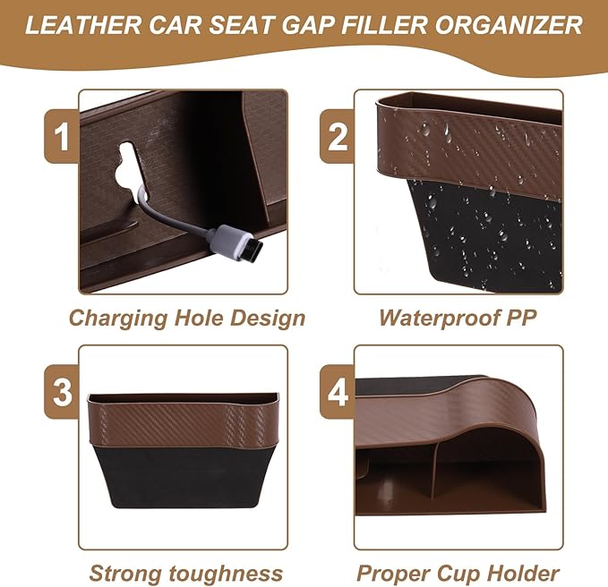 HARFINGTON 2pcs Car Seat Gap Filler Organizer 10.2 x 6.5 x 3.1 Inch ABS+Leather Universal Car Organizer Storage Box Between Seat and Console (Left+Right) with Cup Holders for Phone, Black