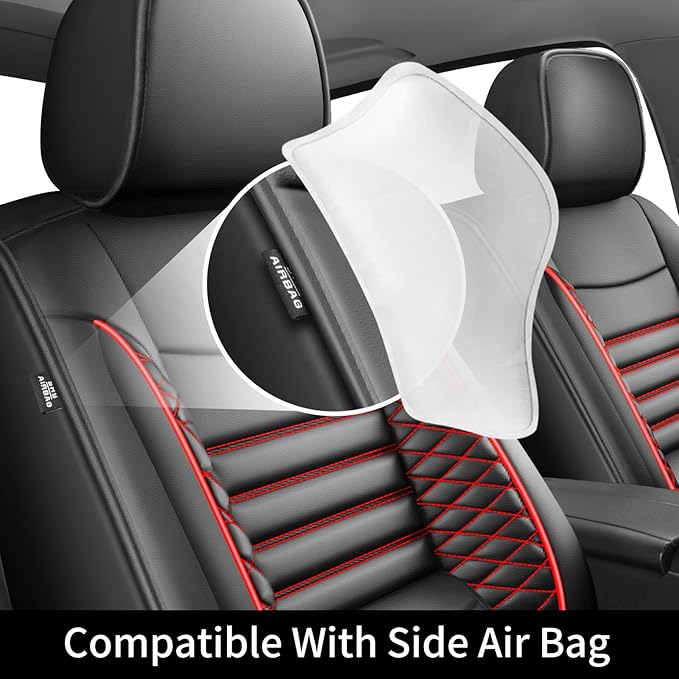 Fit Camry Car Seat Covers for Toyota Camry 2012-2024 2025 2026 - Upgraded Premium Waterproof & Breathable Leather, Airbag Compatible, All-Weather Seat Cushion Protector (Full Set, Black+Red)