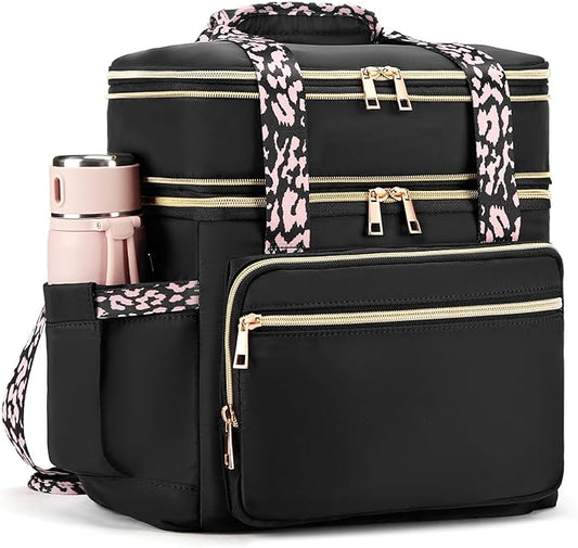 Double Deck Lunch Box for Women, Expandable Insulated Large Lunch Bag Women Leakproof Lightweight Lunch Cooler Bag Durable Lunchbox for Work Outdoor Travel, Black