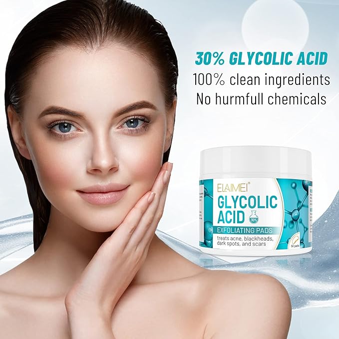 30% Glycolic Acid Pads Wipes for Skin Care Exfoliating Cleansing, Face Pore Cleaner Minimizer Acne Treatment, Chemical Peel Solution for Dark Spots, Breakouts, Scars, Reduce Wrinkle Fine Line, 50 Pads