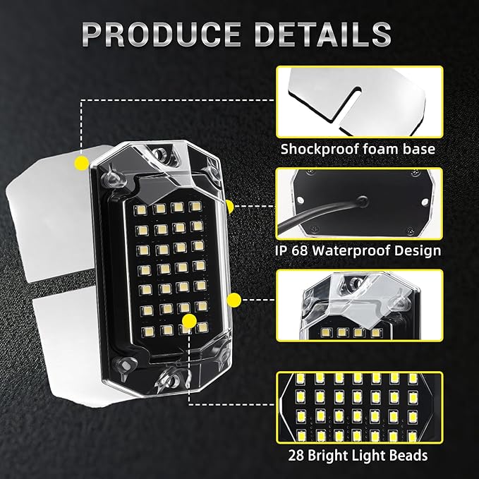 6 Pods Full Angle Pure White LED Rock Lights for Golf Cart ATV UTV RZR Trucks Offroad Pickup RV SUV, 6500K Super Bright Waterproof White Underglow Kit with Switch Wiring Harness Extension Wires