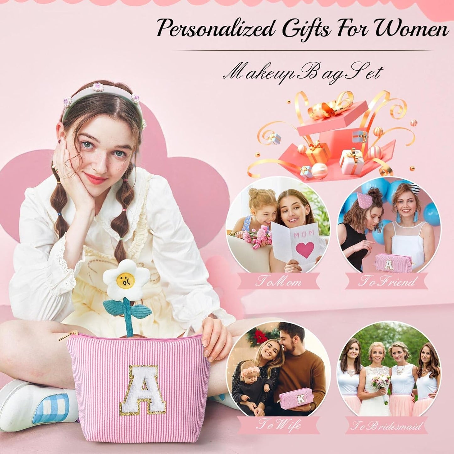 YOOLIFE Birthday Gifts for Women Girls - Personalized Initial Cute Pink Makeup Bags Cosmetic Bag Make Up Bag Toiletry Pouch Gift for Women Her Friend Mom Teacher Sister Teenager Female Bridesmaids Z