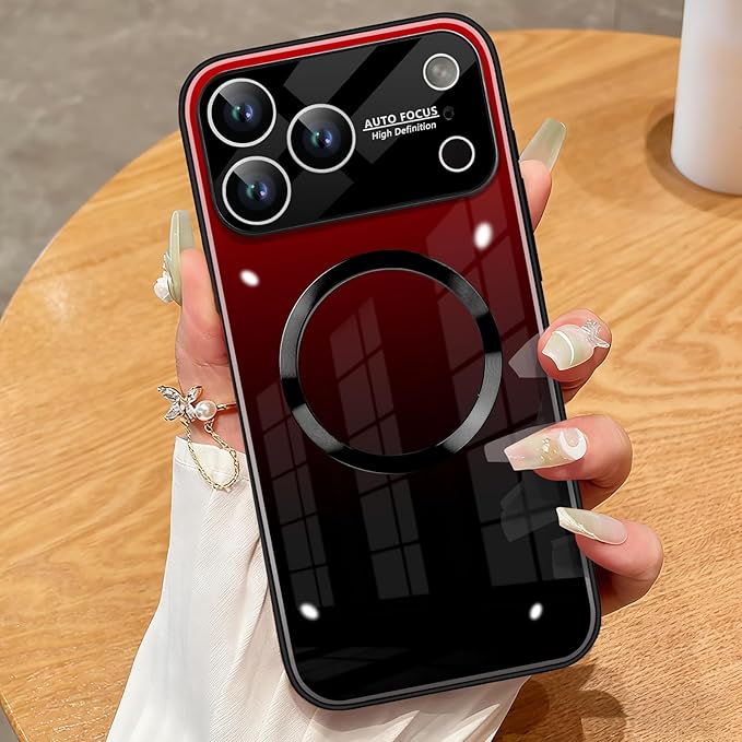 Guppy Compatible with iPhone 17 Pro Max Magnetic Case, with Full Camera Lens Protector [Compatible with MagSafe] Scratch Resistant Gradient Glass Back Cover Phone Case-Red