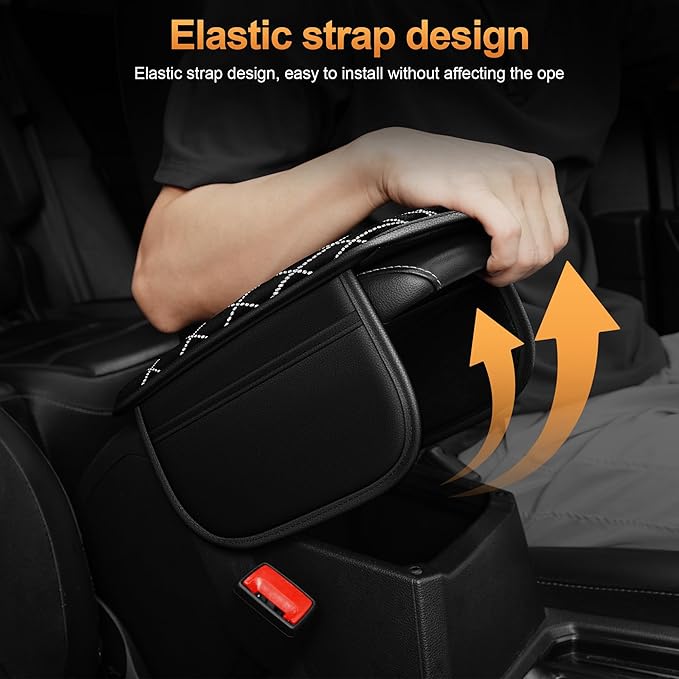 Center Console Cover Fit for Kia Soul 2010-2025 with 2 Storage Bags Quilted-Studded Leather Quilted Pattern Car Armrest Cover Cushion Anti-Slip(Black&Quilted)