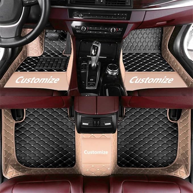 Custom Luxury Leather Car Floor Mats Fit for 98% Sedan SUV Sports Trunks All Weather Protection Floor Vehicle Pads Carpets (Black+Beige Edge)
