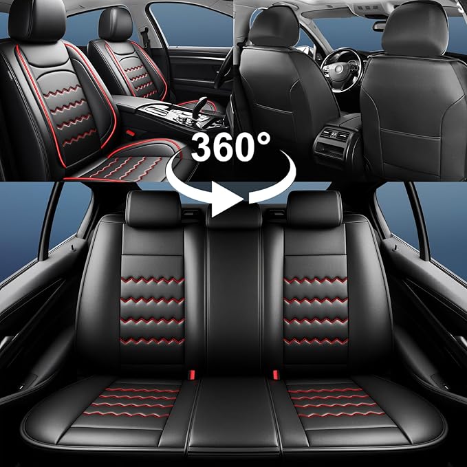 Car Seat Covers Compatible with Mazda 6 2007-2021, Full Coverage Premium Leather Waterproof Breathable Seat Covers, Automotive Seat Protectors, Airbag Compatible(Full Set Seats, Black & Red)