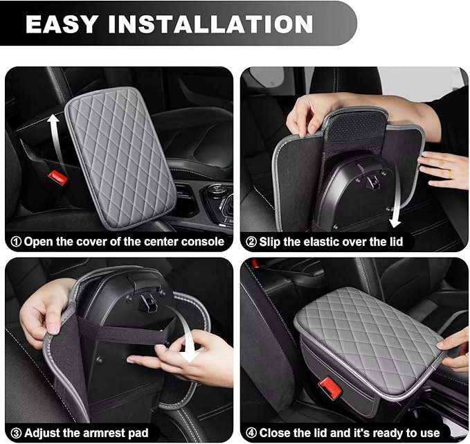 Upgraded Car Center Console Cover Fit for RAV4 Faux Leather Car Armrest Cover Cushion with 2 Storage Bags,Car Armrest Storage Box Interior Accessories(Grey&Whiteline)