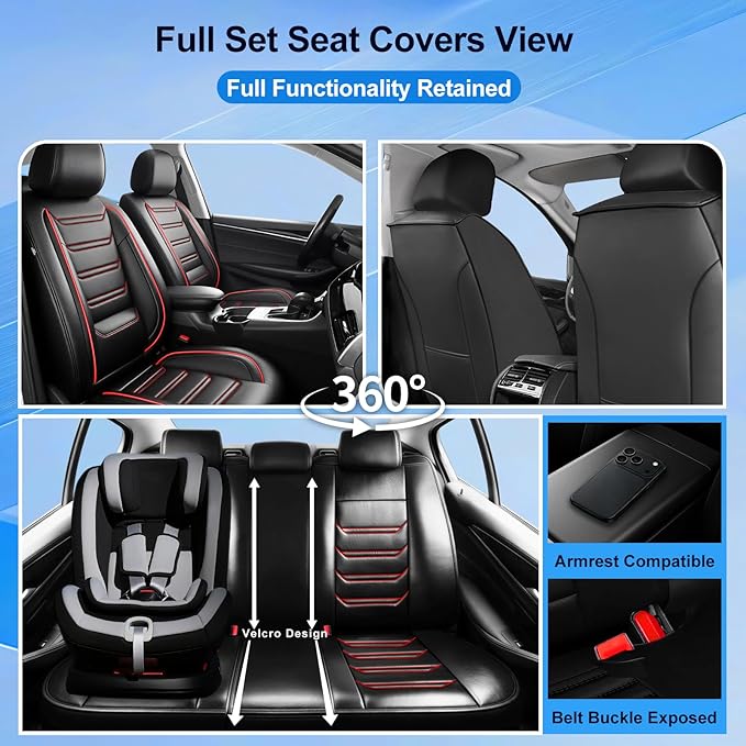 Fit Civic Car Seat Covers (2 Row 5 Seats) for Select Honda Civic 2020-2025 2026 Sedan(Not for Coupe) - Premium Full Coverage Leather, Waterproof All-Weather Breathable Seat Protector, Red Trim