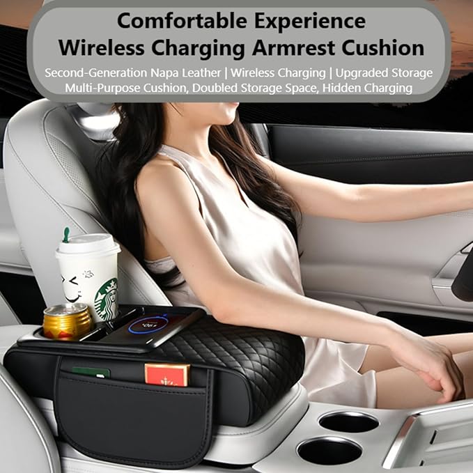 Car Armrest Pad with Built-in Induction Charging, Leather Center Console Cushion with 15W Power Pad, Dual Cup Holders, Storage Pockets - Light Beige