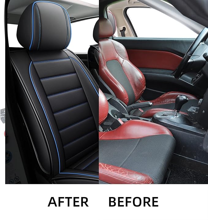 CAPITAUTO Seat Covers, Car Seat Covers Full Set, Black Car Seat Cover, Car Seat Covers Front Seats Back Seat Cover, Waterproof Faux Leather Seat Covers Fit for Most Cars Trucks SUV(Black&Blue)