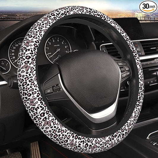 Black And White Leopard Print Auto Car Pink Butterfly Steering Wheel Cover Universal 15 Inch Neoprene Interior Decor Protection Accessories
