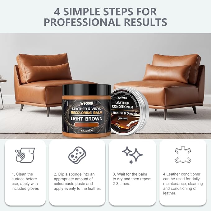 Leather Recoloring Balm with 100ml Mink Oil Conditioner | Medium Brown Repair Kit, Dye & Color Restorer for Furniture, Sofa, Car Seats, Bags | Restore Faded & Scratched Surfaces