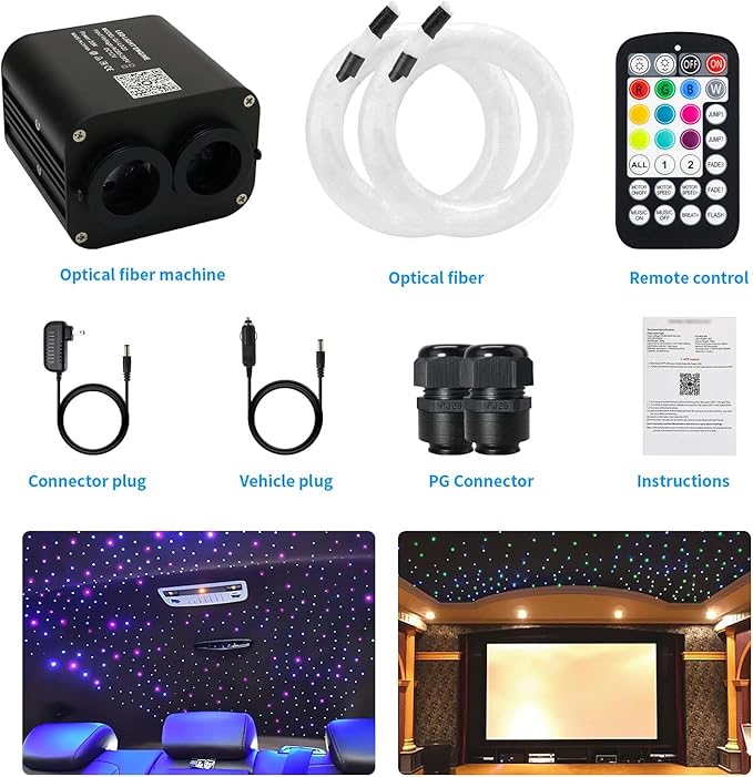 AMKI Dual Color 20W Twinkle Starlight Headliner Kit 1200pcs*0.03in*9.8ft Cables Fiber Optic Light Cable Sound Activated Music Mode APP/Remote Control Dual Port Light Box for Car Home Roof Decor