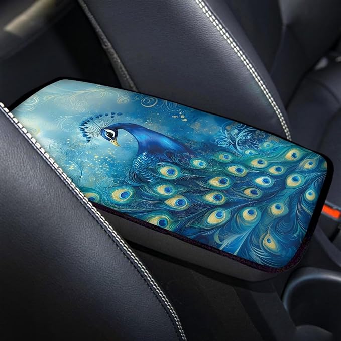 Suobstales Blue Peacock Print Car Armrest Pad Soft Center Console Arm Rest Protector Cover Universal Car Interior Accessories Decoration