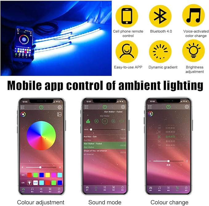 povtii Car Led Interior Lights, RBG 48 LED Multicolor Music Auto Interior Strip Light with APP Control, Waterproof Lighting Lamp Kit Under Dash with Charger, Car Accessories (Cigarette Lighter)