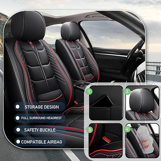 Leather Car Seat Covers Fit for Toyota Yaris Sedan 2019-2020, 5 Seater Car Seat Cover, Premium Waterproof, Scratch Resistant Car Interior Accessories (Full Set Black Red)