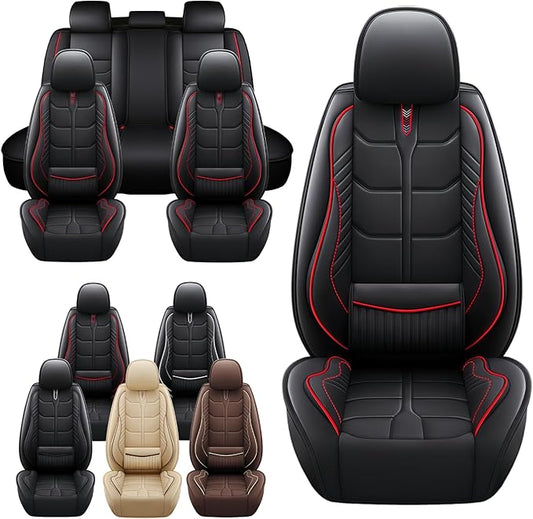 Leather Car Seat Covers Fit for Toyota RAV4 EV 2012-2013, 5 Seater Car Seat Cover, Premium Waterproof, Scratch Resistant Car Interior Accessories (Full Set Black Red)