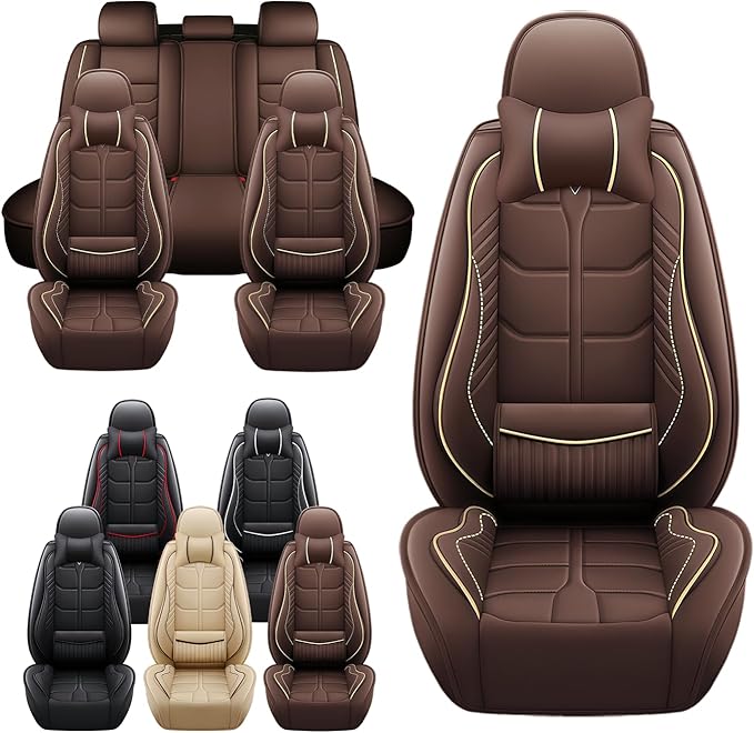 Leather Car Seat Covers Fit for Toyota Echo 2000-2005, 5 Seater Car Seat Cover, Premium Waterproof, Scratch Resistant Car Interior Accessories (Full Set with Pillow Coffee)