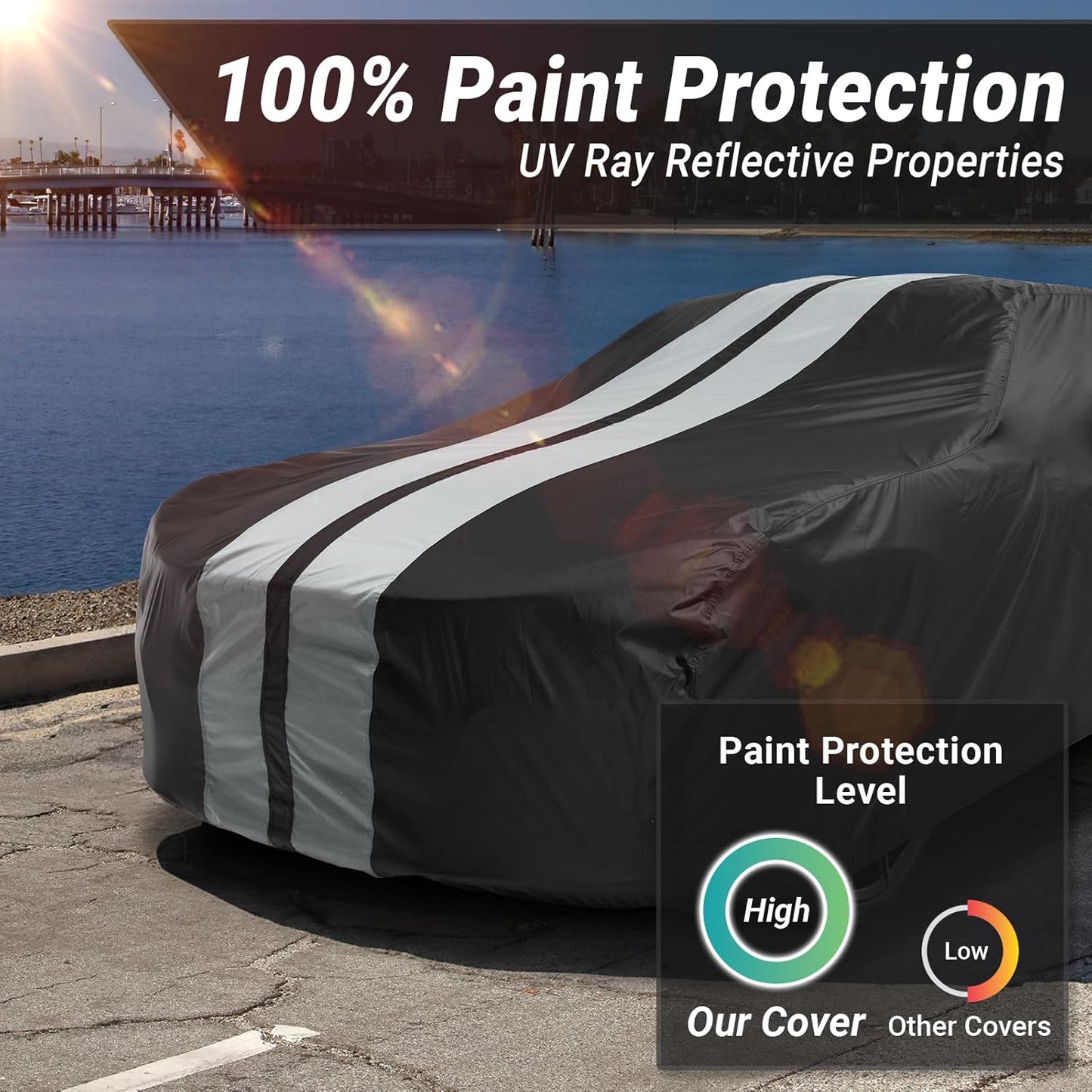 iCarCover Custom Car Cover for Pontiac Parisienne Wagon (1965-1970) Waterproof All-Weather Rain Snow UV Sun Protector Full Exterior Indoor Outdoor Car Cover (Stripe - Black/Gray)