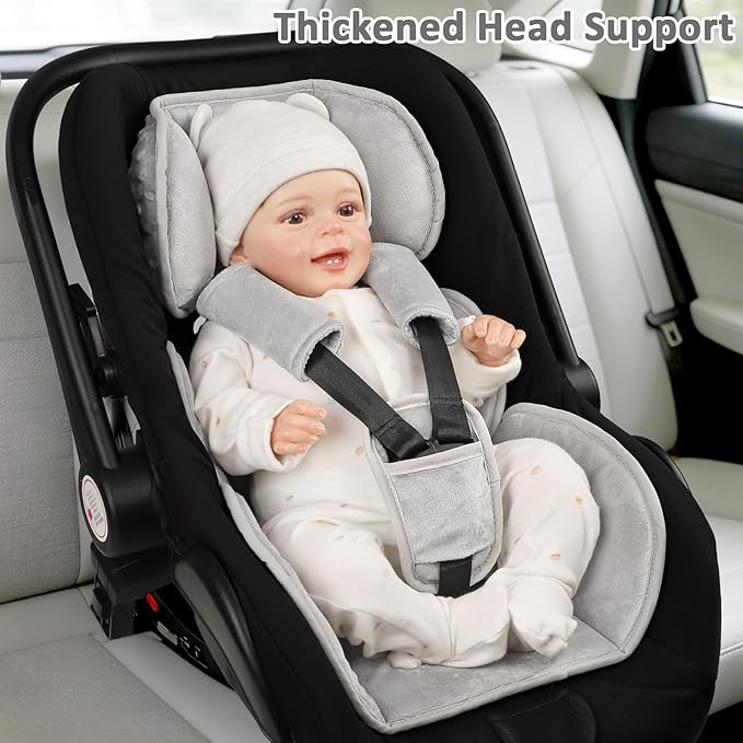 Infant Car Seat Insert Head and Body Support Thickened, GFU 3-in-1Reversible Newborn Insert for Carseat with Strap Pads, Soft Stroller Cushion Pillow Insert for Boys and Girls, Grey