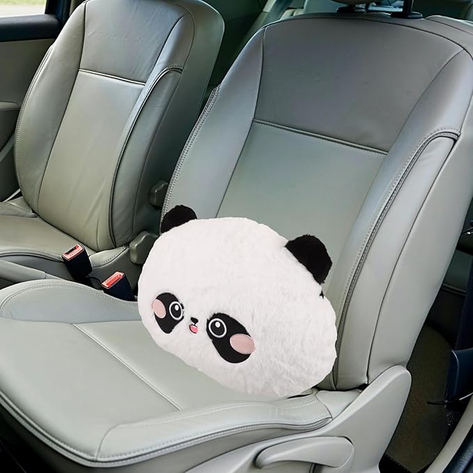 Car Lumbar Support Pillow with Cute Cartoon Panda Design, Round Plush Back Cushion for Driver and Passenger Seat, Soft Rabbit Hair Embroidered Lower Back Rest for Office
